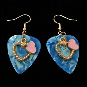 HAND Crafted Drop Earrings Repurposed Guitar Picks Hearts & Blue Skies
